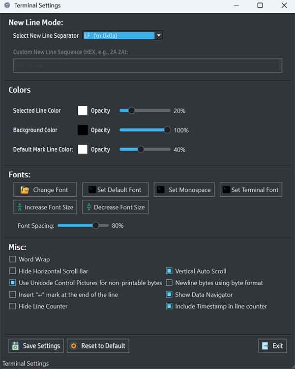 Terminaleinstellungen in SerialTool